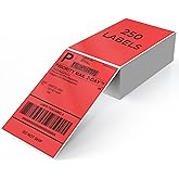 YIKIADA Red Shipping Thermal Labels 4 × 6 Inch Vinyl Self-Adhesive Fanfold Direct Stickers Waterproof Perforated Printer Decal for Office Warehouse Home Address 250 PCS