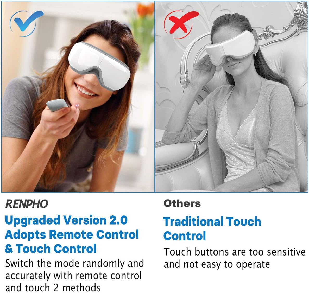 RENPHO 2.0 - Eye Massager with Remote Control & Heat, Compression Bluetooth Music Rechargeable Eye Therapy Massager for Relieve Eye Strain Dark Circles Eye Bags Dry Eye Improve Sleep (White): Health & Personal Care