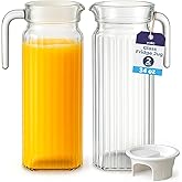 Glass Pitcher - (2 Pack) 1 Liter / 34 oz Clear Glass Pitchers with Handle and Lid - with Ribbed Design and Vented Spout - for Fridge Shelf and Everyday Use