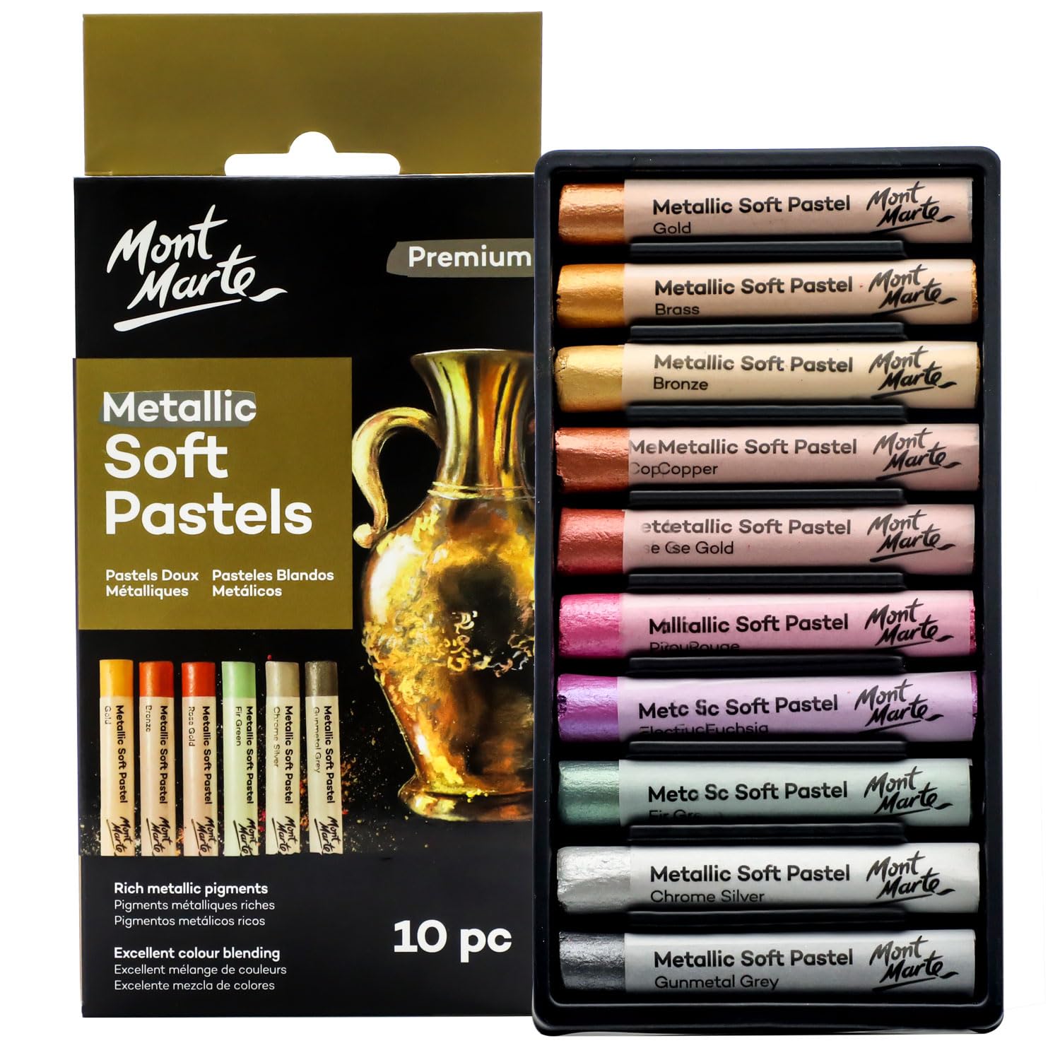 MONT MARTE Metallic Soft Pastels Premium 10pc, Dry Pastels, Assorted Metallic Colours, Versatile Art Pastels for Blending, Layering & Shading, Ideal for Art, Craft, Drawing