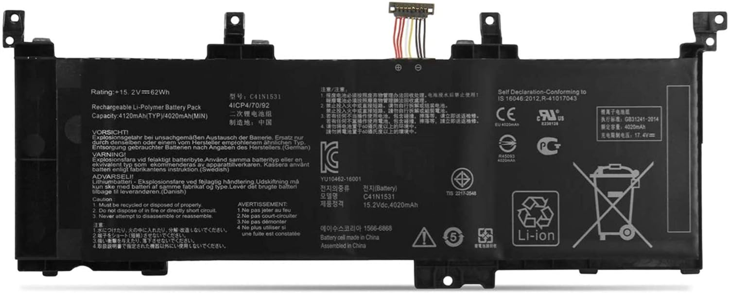ASKC 15.2V 62Wh C41N1531 Laptop Battery for Asus ROG Strix GL502VY GL502VY-1A GL502VY-DS71 DS74 GL502VS GL502VS-1A GL502VS-1E GL502VS-DB71 GL502VS-FY032T GL502VY-FY023T Notebook 0B200-01940100