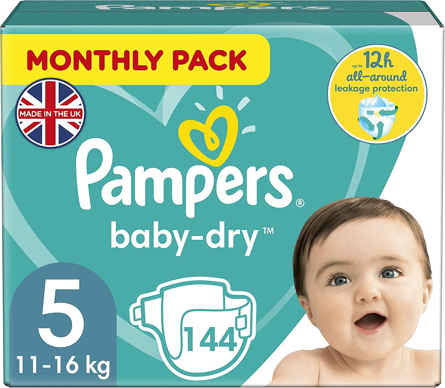 Pampers Baby Nappies Size 5 (11-16 kg/24-35 Lb), Baby-Dry, 144 Nappies, Monthly Savings Pack, Up to 12h of All-Around Leakage Protection