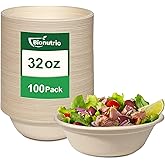 Bionutrio 32oz Large Disposable Bowls, 100 Pack Heavy Duty Paper Bowls, Biodegradable Compostable Disposable Soup Bowls, Natural Brown Bagasse Bowl, Microwave Safe