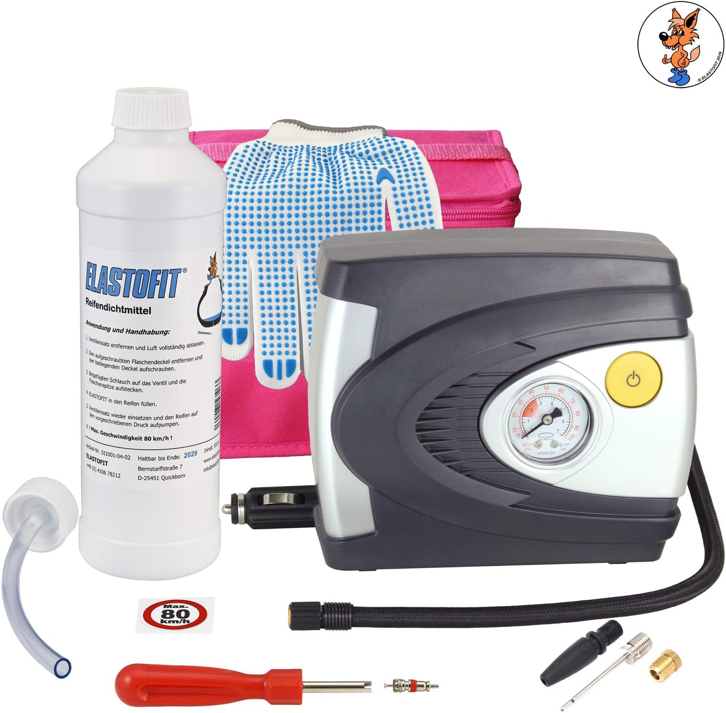 Elastofit Tyre Repair Set/12 V Air Compressor/Tyre Sealant 10 Years