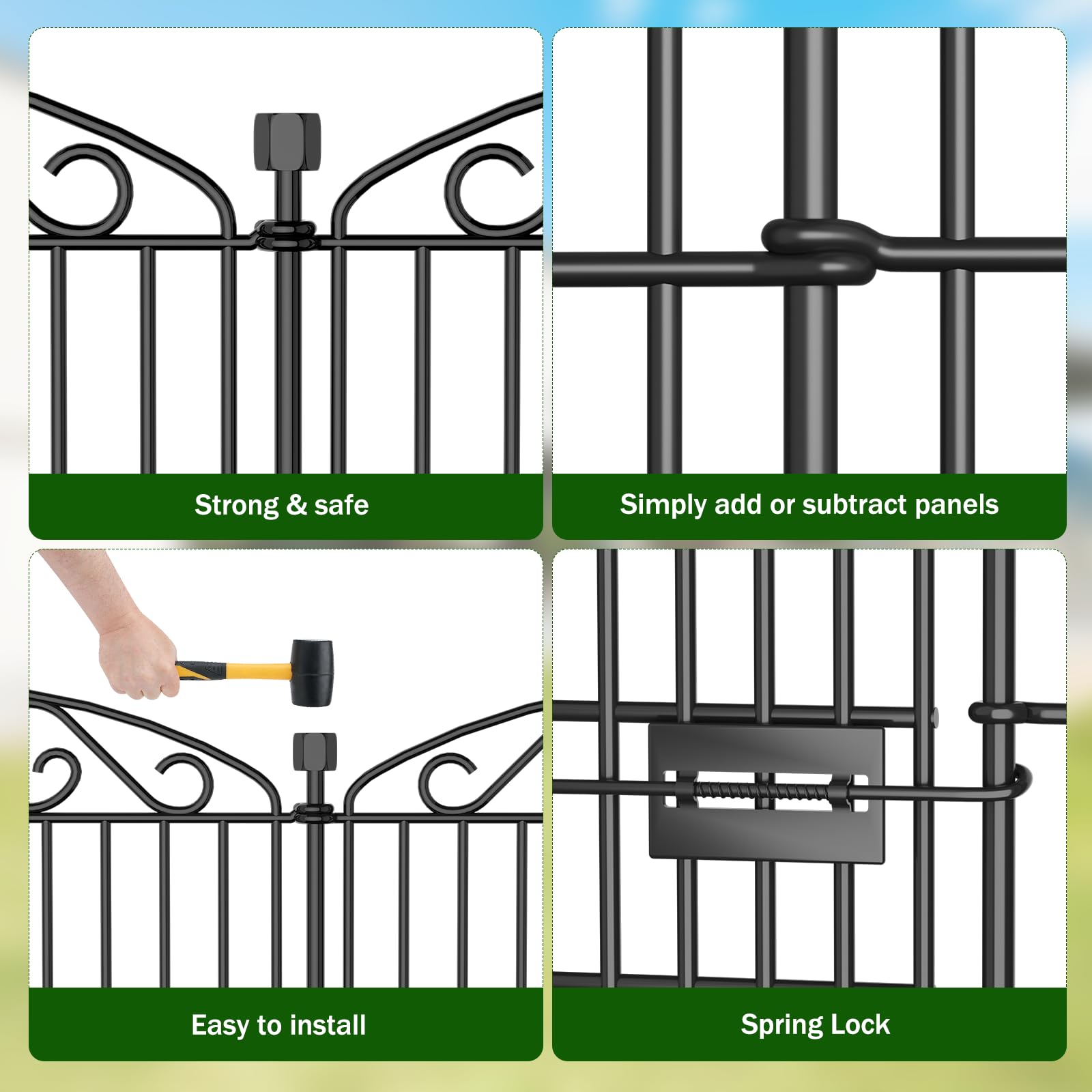 12-teiliger dekorativer Gartenzaun ohne Graben mit Tür – 107 cm hoch / 8.1 m lang. Hoher Metall Tierbarriere für Hunde & Kaninchen, rostfrei Metall-Schutzzaun für Blumenbeet, Hof, Terrasse 5
