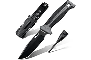 HX OUTDOORS Extra Sharp Bushcraft Knife with Fire Starter, Premium D2 Steel Fixed Blade Survival Camping Knife with Plastic Sheath for Outdoor, Hiking, Backpacking(Black)