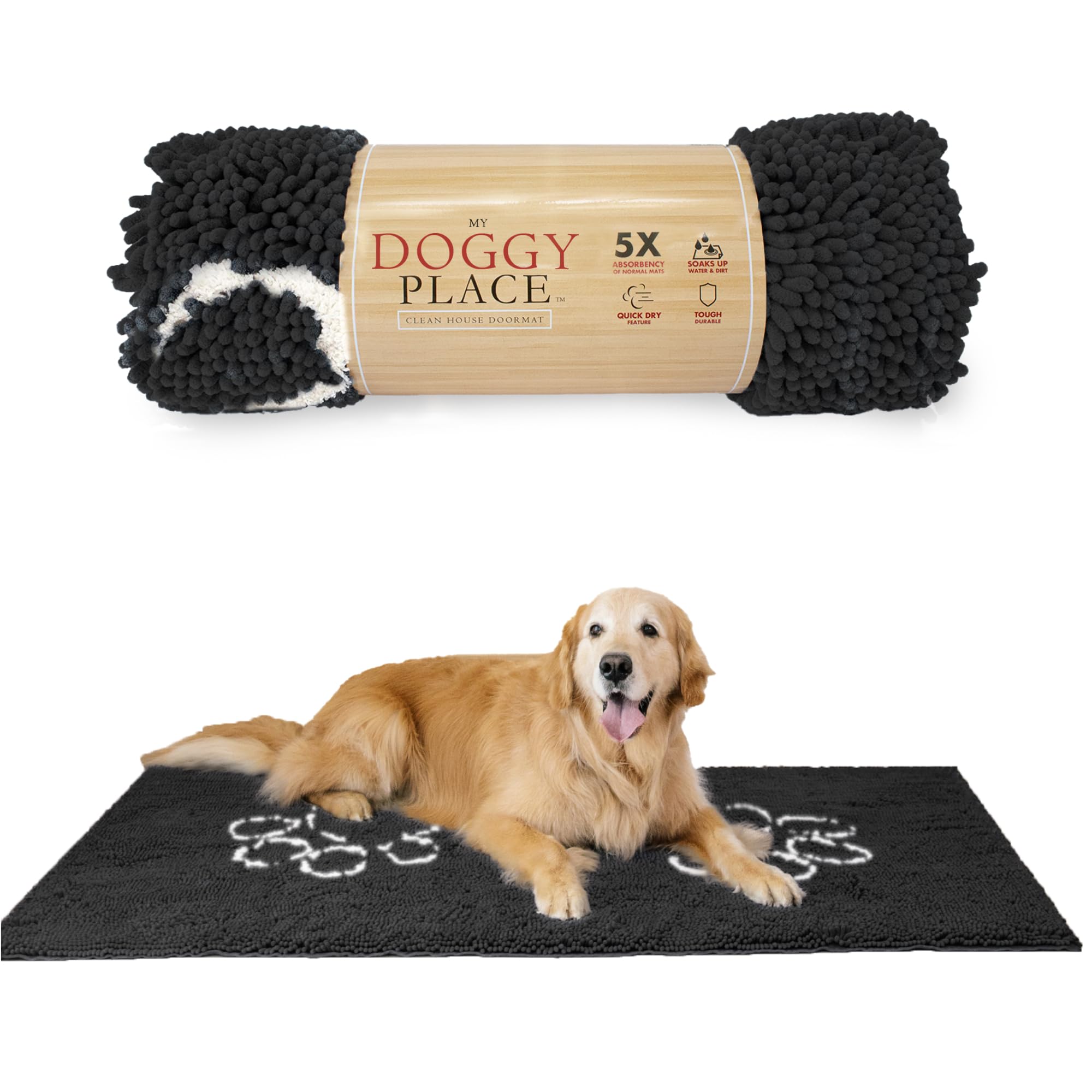 My Doggy Place Microfiber Dog Mat for Muddy Paws, 60" x 36" Charcoal with Paw Print - Non-Slip, Absorbent and Quick-Drying Dog Paw Cleaning Mat, Washer and Dryer Safe - X-Large/Runner Image