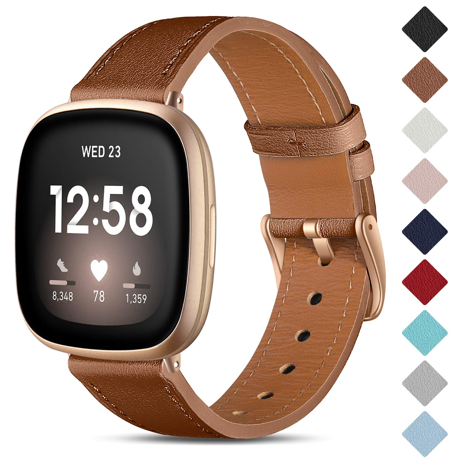 CeMiKa Leather Strap Compatible with Fitbit Sense/Fitbit Versa 3, Genuine Leather Wristband for Women & Men, Brown