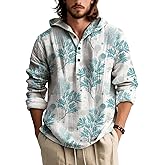Zhyaj Mens Long Sleeve Hooded Shirt Botanical Print Lightweight Casual Pullover Button Neck Roll Up Sleeves Beach Wear