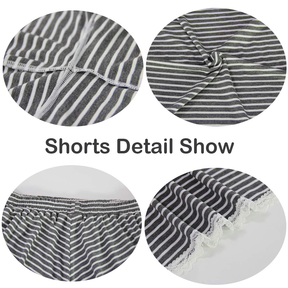 Espoir Women\'s Pajama Set Deep V Neck Lace Trim Cami Tops and Shorts Sleepwear Grey and White Stripe M