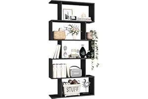 Yusong Bookshelf 5-Tier, Geometric Bookcase S Shaped Book Shelves for Bedroom, Modern Wood Decorative Display Shelf Book Case for Home Office, Black