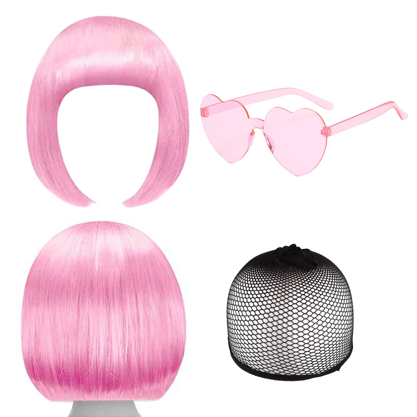 SKHAOVS Pink Wig and Party Sunglasses Pink Wig with Bangs Bob Wig with Fringe, Wigs for Women, Wigs for Bachelorette Neon Party Favors, Halloween Decorations (Pink)