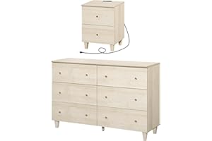 WAMPAT Dresser and Nightstand Set for Bedroom, 47.2 Inches Wood Dresser with 6 Drawers, 1 Piece Nightstand with Charging Station, Chest of Drawers and Bedside Table Set, Light Oak
