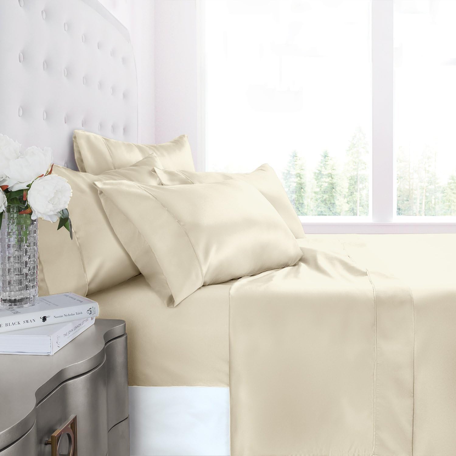 Egyptian Luxury 1200 Series Silky Soft Satin 4-Piece Bed Sheet Set - Ultra Smooth Satin Microfiber - Wrinkle and Fade Resistant, Hypoallergenic Sheet and Pillow Case Set - King - Ivory