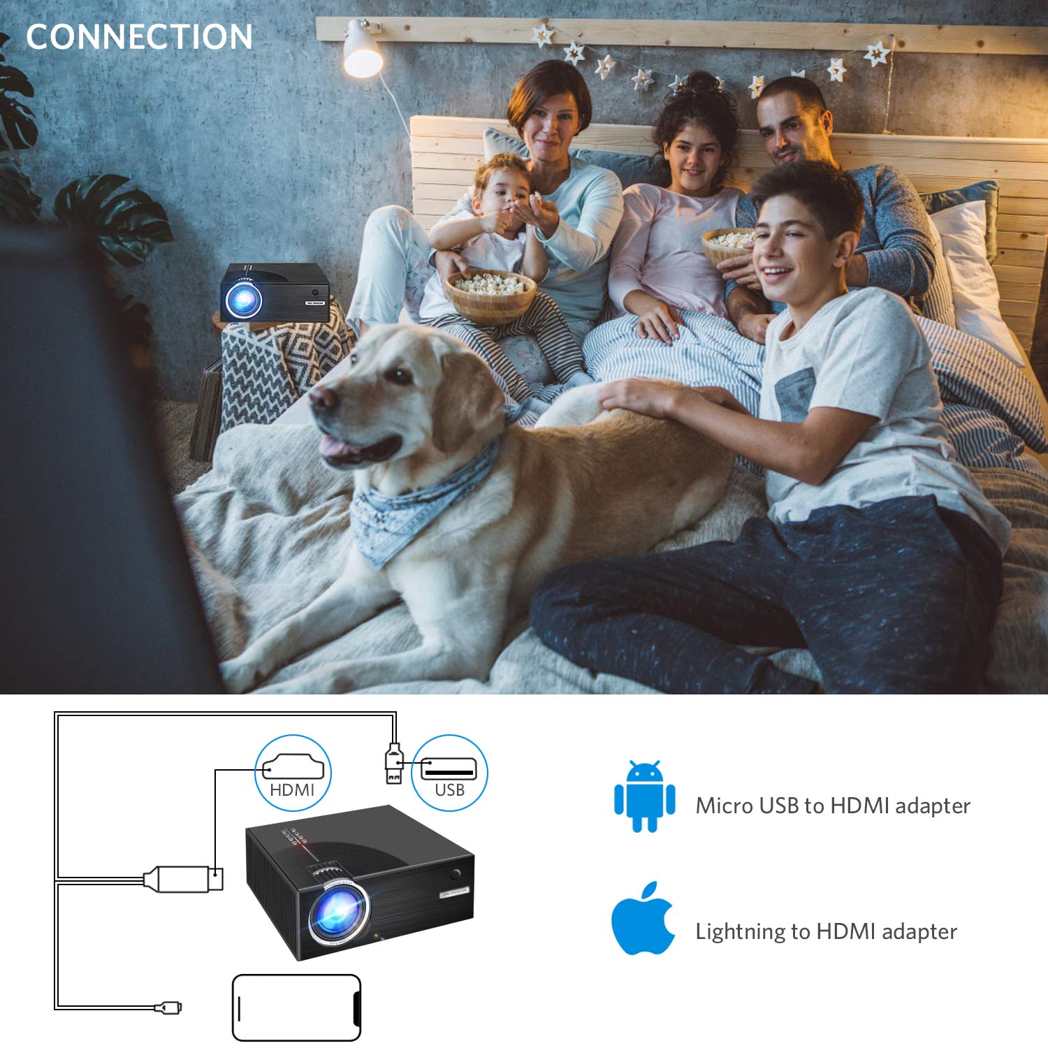 Portable LCD Video Projector - Aoxun 2018 Upgraded C7 Multimedia Home Theater Video Projector Support 1080P Compatiable with HDMI,AV, USB, SD, VGA for Home Cinema TV 2500 Lumens- Black