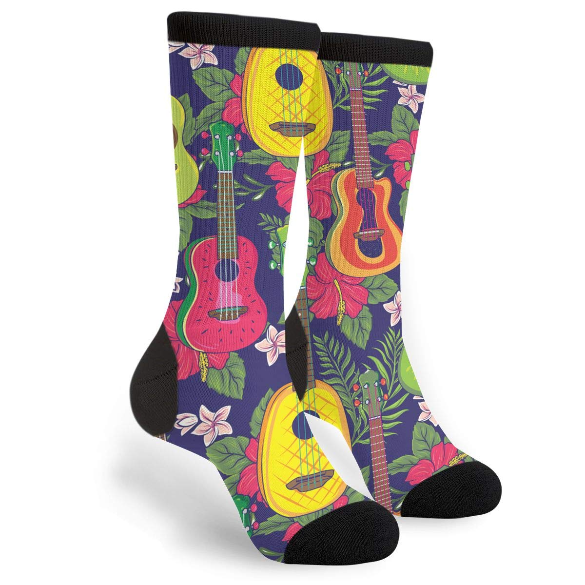 Unisex Fun Novelty Crazy Crew Socks Colorful Hawaiian Fruity Ukulele And Flower Dress Socks