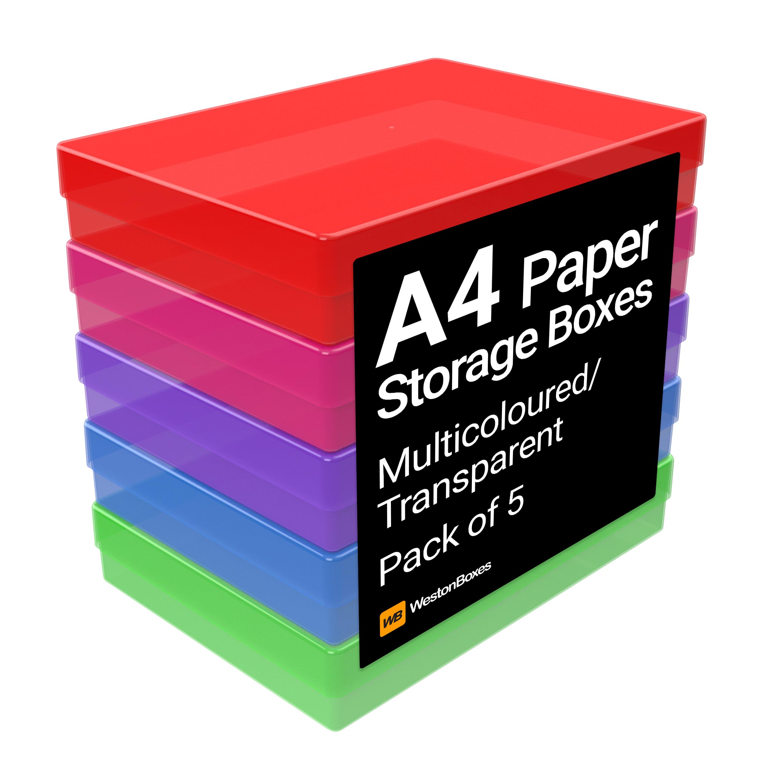 WestonBoxes A4 Colourful Transparent Plastic Craft Storage Boxes with Lids for Art Supplies, Paper and Card (Multicoloured / Transparent, Pack of 5)