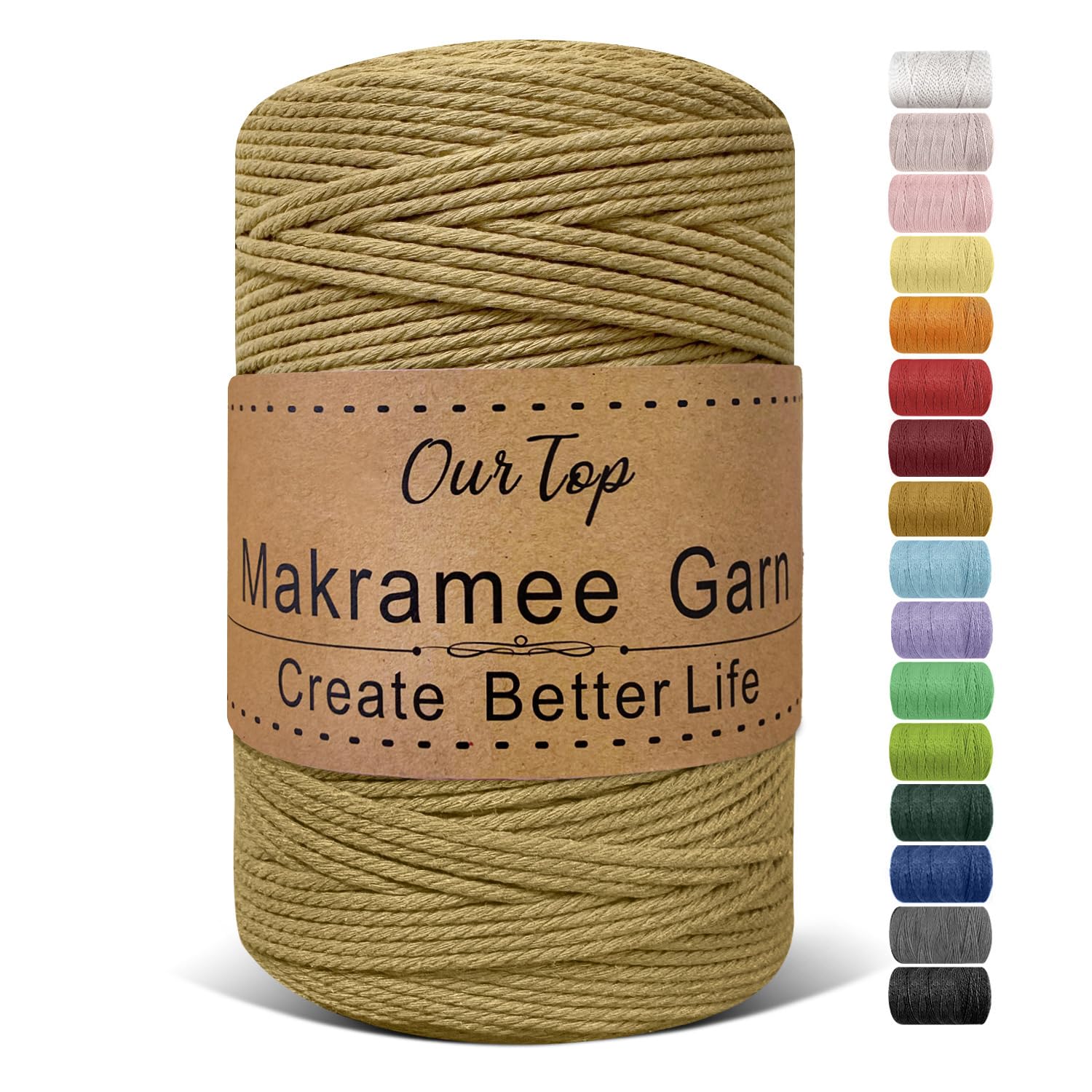 OurTop Premium Macrame Cord, 3mm x 300m Braided Macrame Rope Twisted Cord Yarn Macrame Yarn Thick Rope for Wall Hangings, Plant Hangers, DIY Crafts, Home Decorations, Gift Wrapping(Dark Khaki)