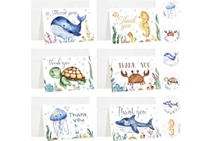 Jetec 48 Sets Sea Animal Thank You Cards Baby Shower Thank You Cards with Envelopes and Stickers Whale Crab Shark Turtle Ocea