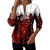 Mathea Plus Size Long Sleeve Scoop Neck Snowflake Printed Graphic Zipper Casual Tops
