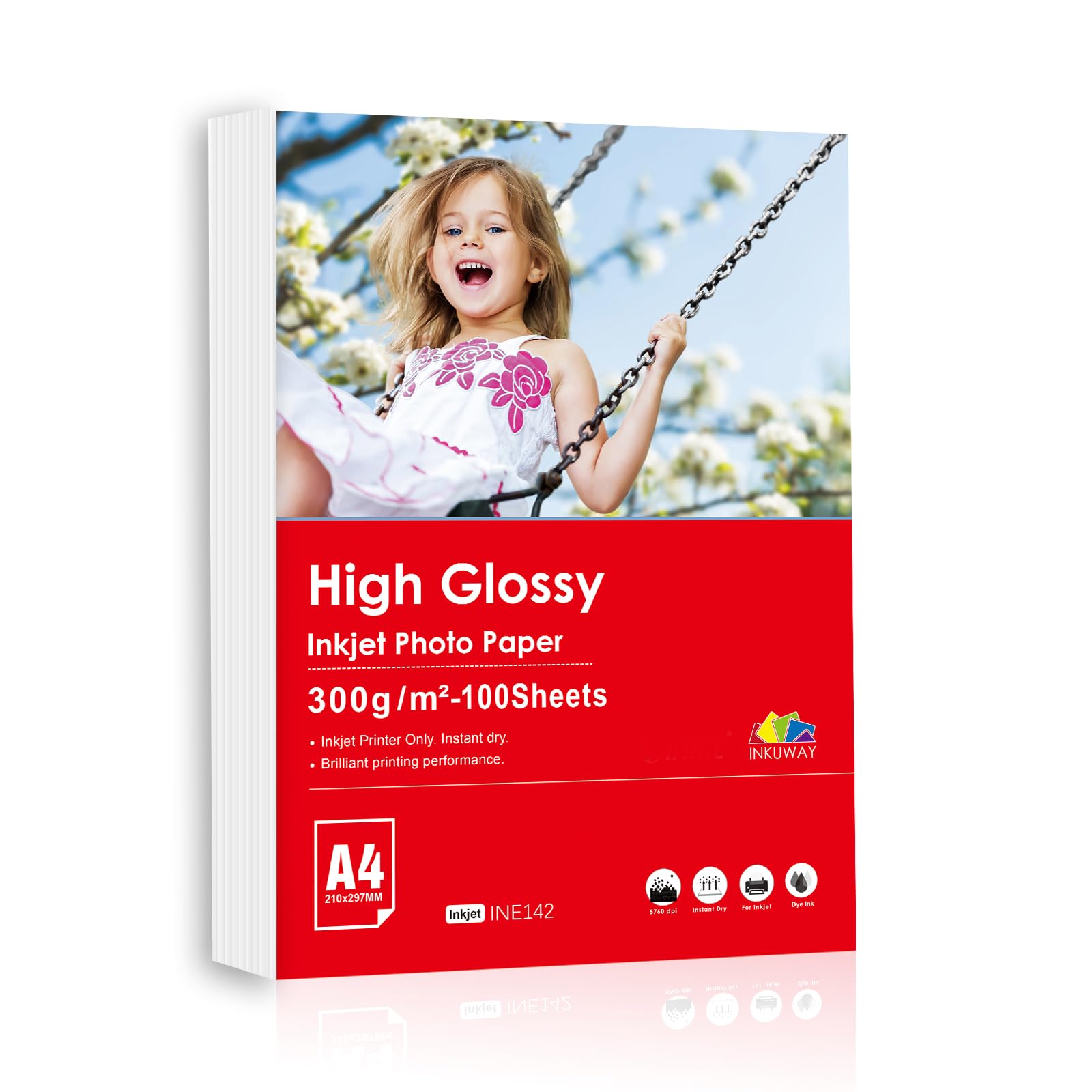 INKUWAY 300gsm A4 100sheets Glossy Photo Paper Inkjet Heavyweight Thick Single Printing Surface for Photos, Greeting Card, Postcard, Invitation Cards.