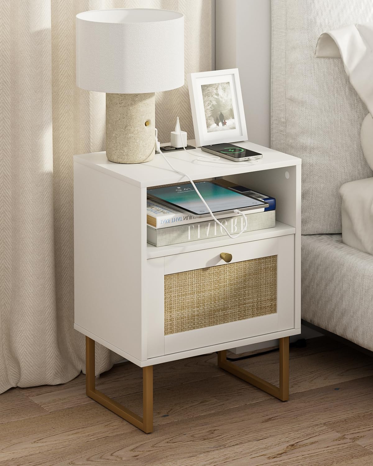 Photo 1 of Masupu Rattan Nightstand with Charging Station,Modern Boho Farmhouse Wood Bedside Table with Storage Drawer and Open Shelf,Small Gold Frame Side End Table for Bedroom,Living Room,Office White