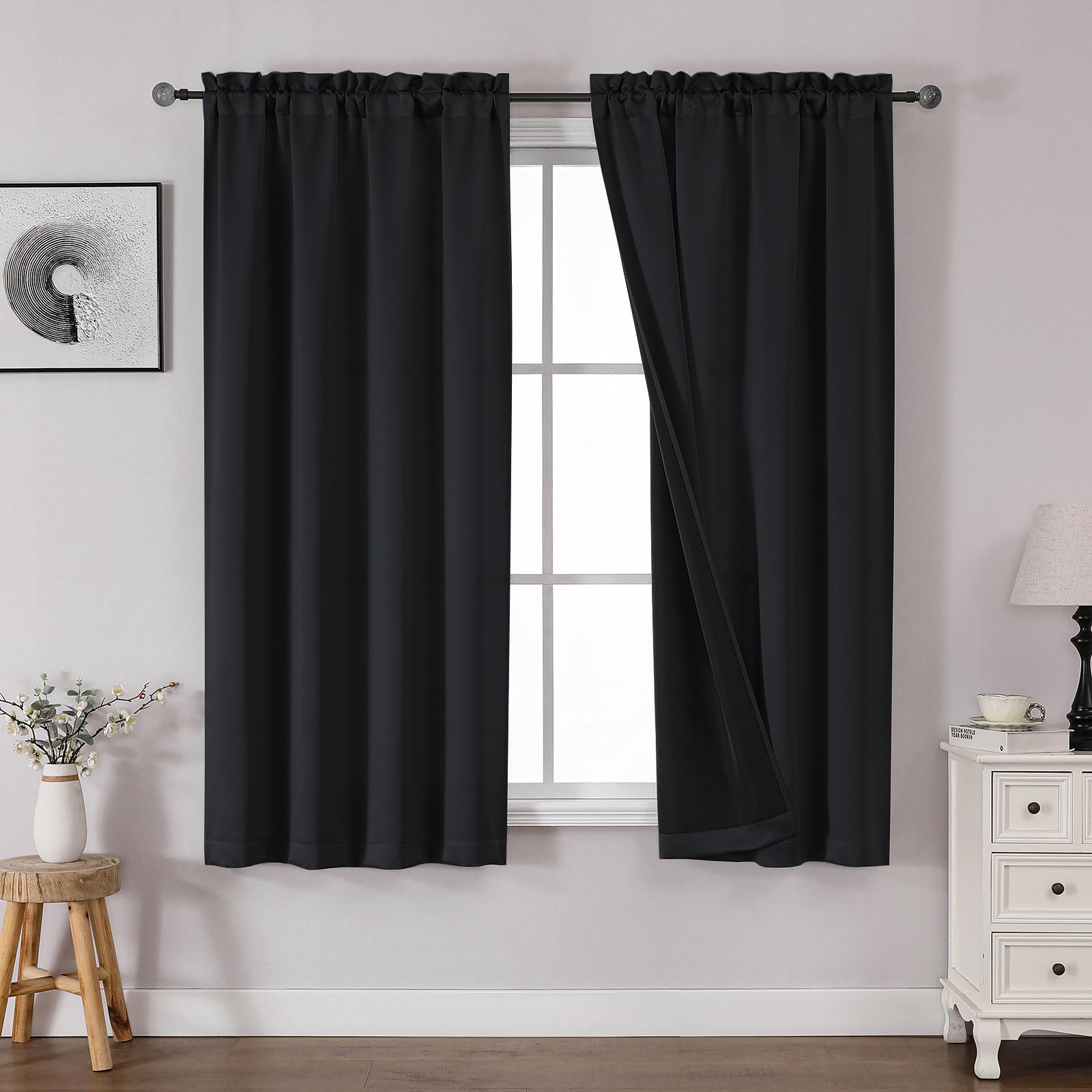 Photo 1 of OWENIE Heidi Black Curtains for Living Room 63 Inch Length 2 Panels Set, Light Filtering Solid Curtains for Bedroom, Rod Pocket Window Curtains & Drapes, 2 Pcs Each 40" W 63" L, Black
