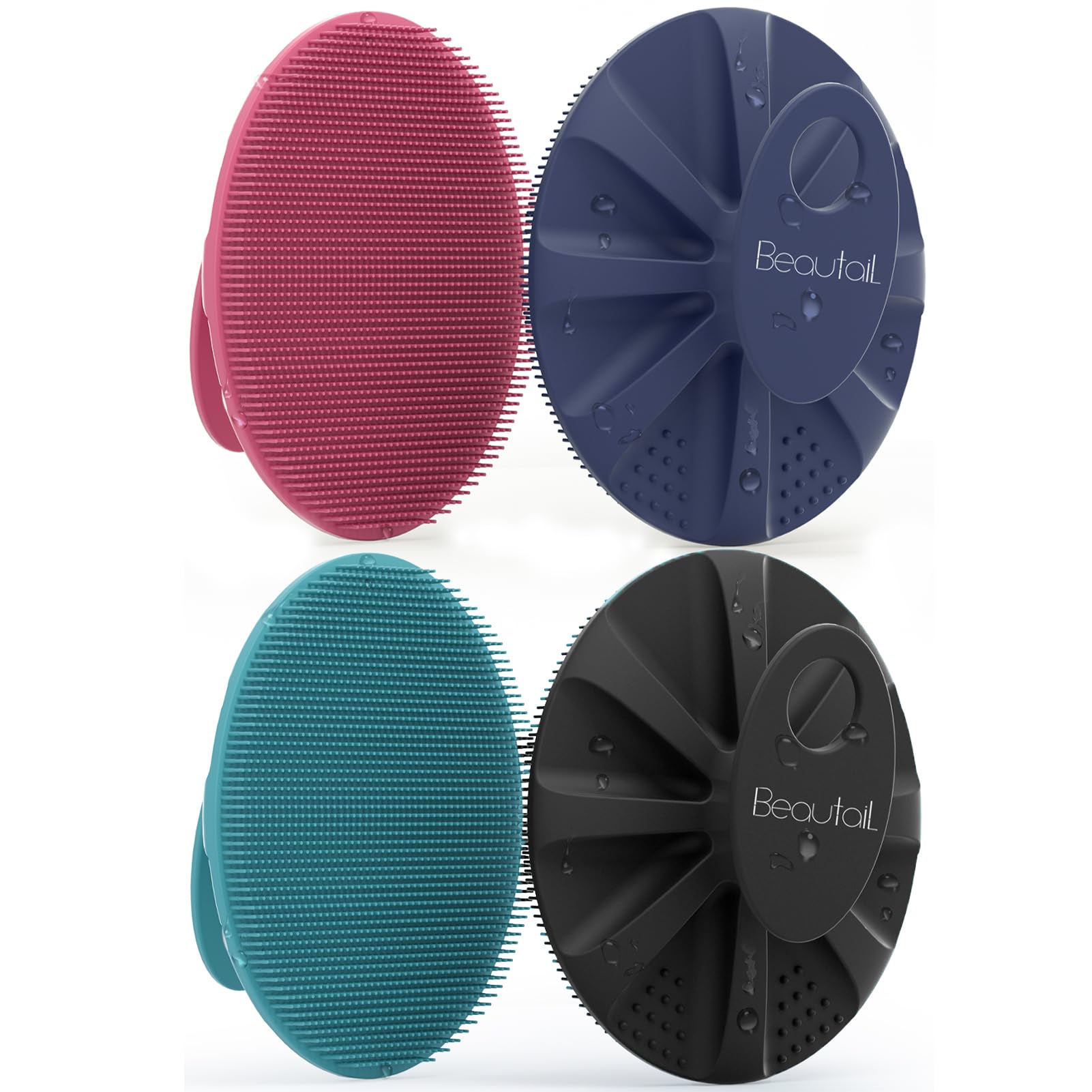 Silicone Body Scrubber 4 Pack, BEAUTAIL Shower Bath Wash Brush, Gentle Exfoliating Scrub Cleansing Loofah for Women Men Baby Sensitive Skin, Lather Nicely, More Hygienic, Black+Pink+Blue+Cyan