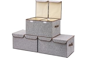 EZOWare Large Storage Boxes [3-Pack] Large Linen Fabric Foldable Storage Cubes Bin Box Containers with Lid and Handles for Nursery, Closet, Kids Room, Toys, Baby Products (Gray)