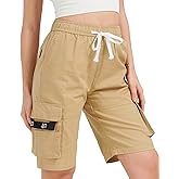 XinYangNi Women's Casual Cargo Shorts with Pockets Elastic High Waist Drawstring Bermuda Shorts for Women