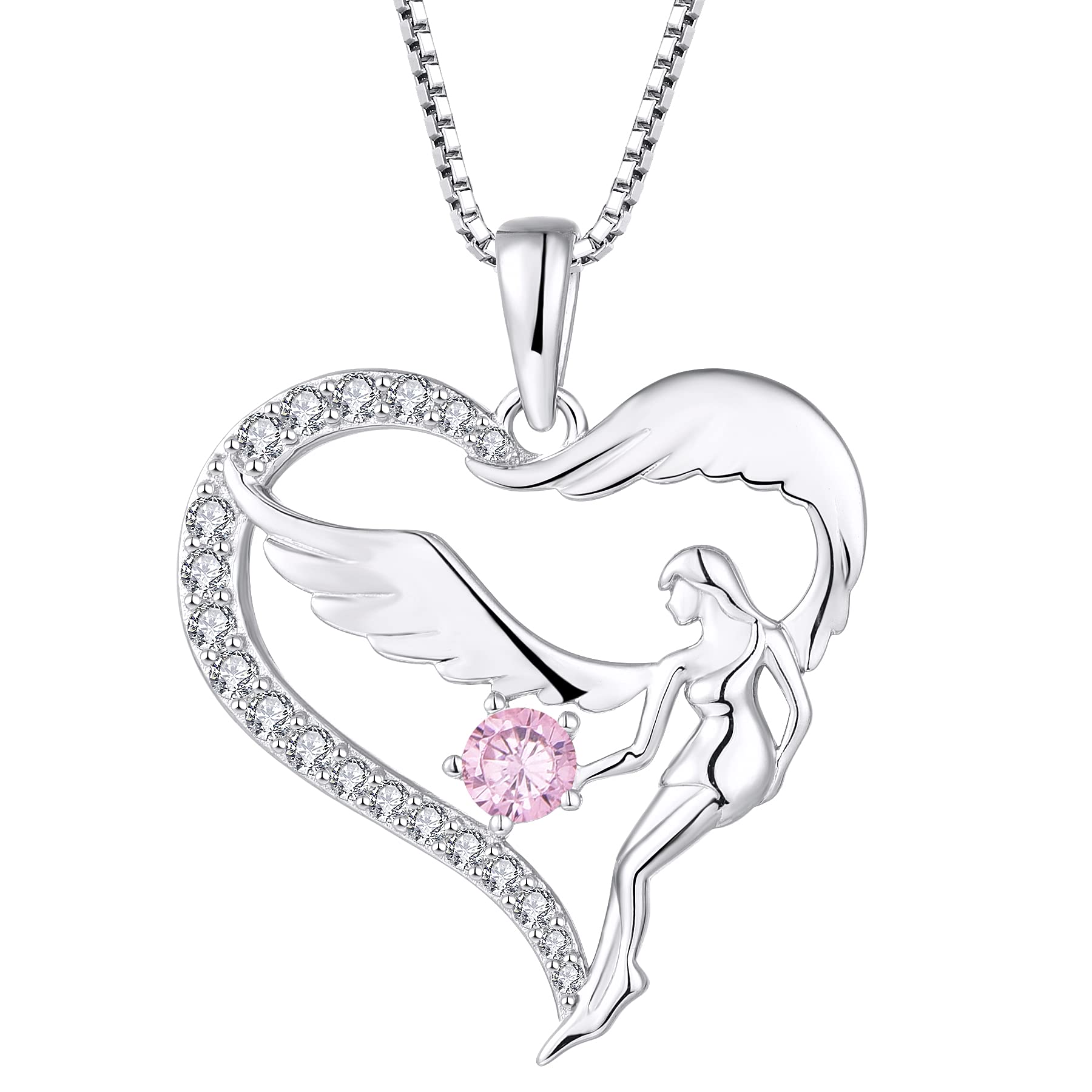 FJ Heart Guardian Angel Necklace 925 Sterling Silver Angel Wing Pendant October Birthstone Necklace Pink Tourmaline Jewellery for Women