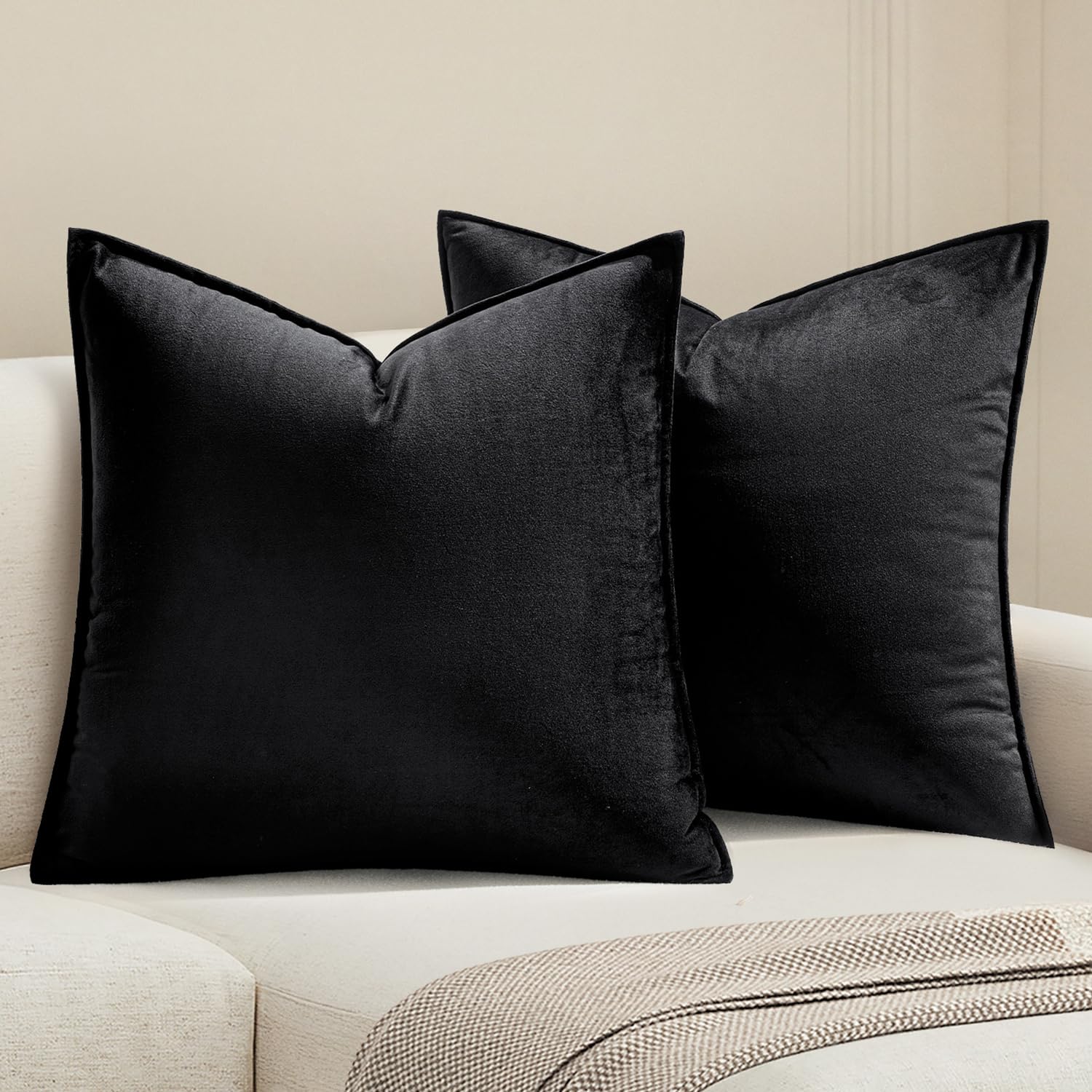 MIULEE Pack of 2 Decorative Velvet Throw Pillow Cover Soft Pillowcase Solid Square Eruo Sham Cushion Case for Sofa Bedroom Car 26x26 Inch Black Image