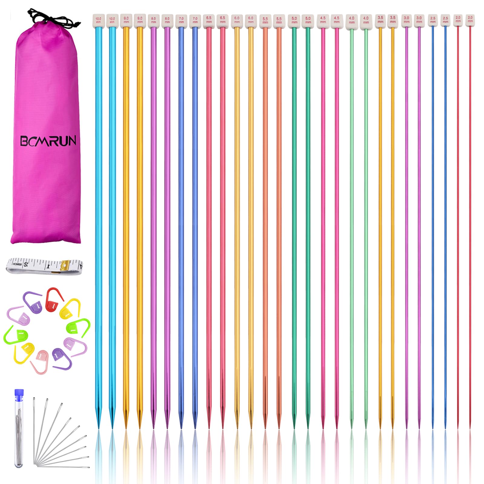 BCMRUN Stainless Steel Knitting Needle Set, Colored, Straight, Single Pointed, Metal Knitting Needles, 14 Sizes from 2.0 mm - 10.0 mm, Length 25 cm, 28 Pieces/14 Pairs