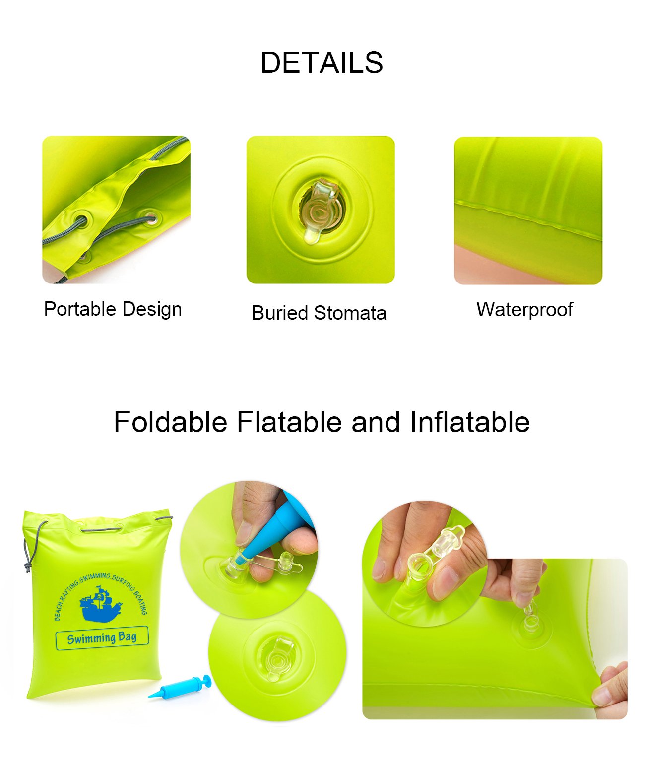 ZEPST Waterproof Swimming Bag Inflatable, Multi-purpose Carrying Bag Dry Bag and Air Pillow Cushion for the Beach Backpacking Swimming Kayaking and Outdoor Camping (Green)