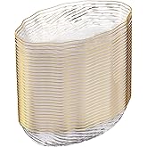 PLASTICPRO 30 Pack Elegant Plastic Plates 7 oz bowls Clear with Gold Rim Spiral Design Disposable Plastic Dinner Bowls