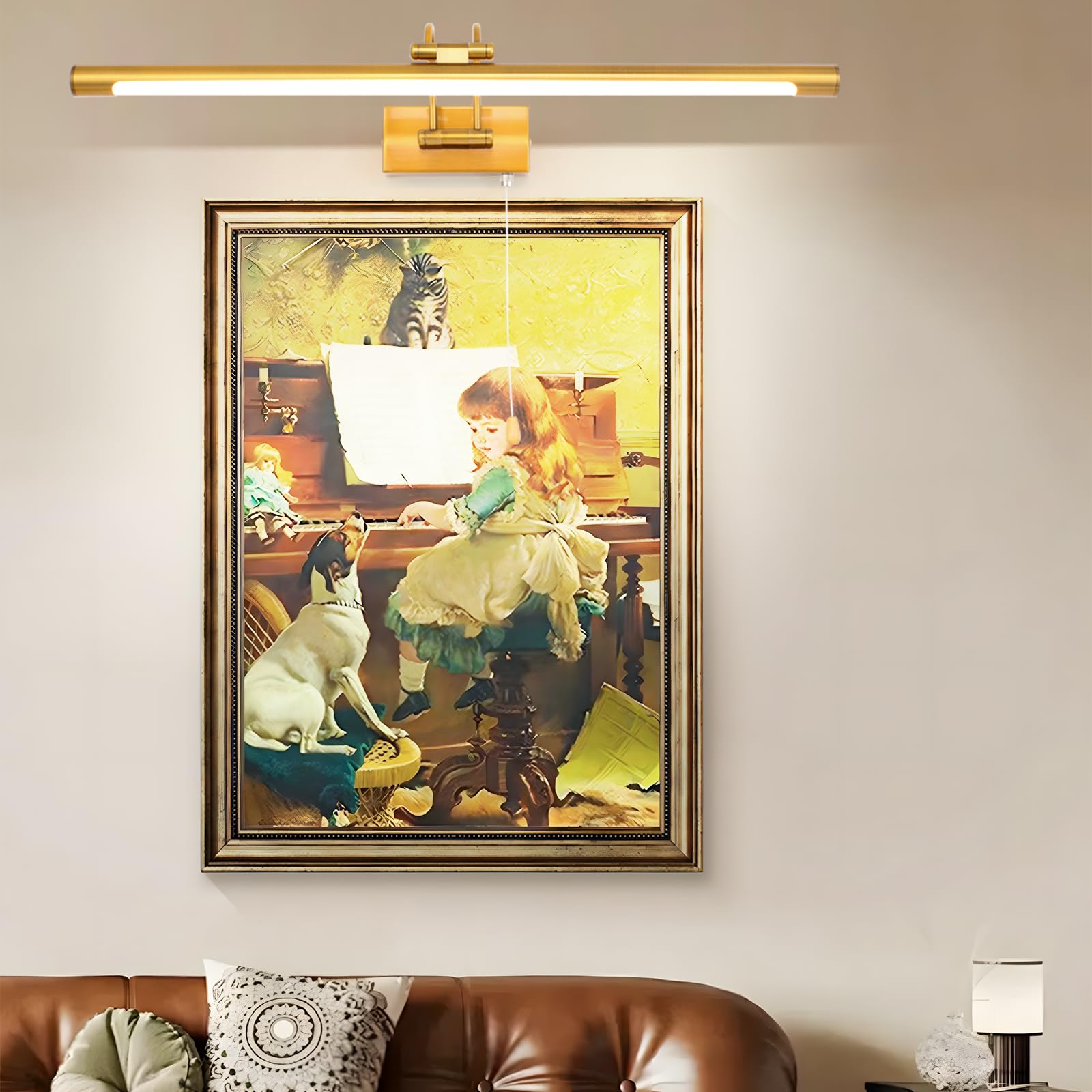 TYhogar Gold Brass Hardwired Picture Light with Pull Cord 270° Adjustable Head and 170° Rotating arm Picture Lights for Wall IP44 Bathroom Wall Light for Hotel Restaurant 640Lm 3000K