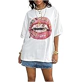 SweatyRocks Women's Y2K Lip Graphic Tees Crew Neck Half Sleeve Oversized T Shirts Streetwear Tops