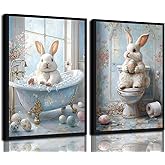 2 Pcs Bathroom Wall Art Cute Bunny Canvas Wall Decor Funny Pink Blue Easter Rabbit Wall Art for Kids Bathroom Farmhouse Laund