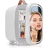 Enventor Mini Fridge, 4L/6Can Skincare Fridge, Small Fridge for Bedroom | with Dimmable LED Mirror, AC/DC Power, Cooler &amp; Warmer Personal Refrigerator for Drink, Skincare, Makeup, Low Noise, White