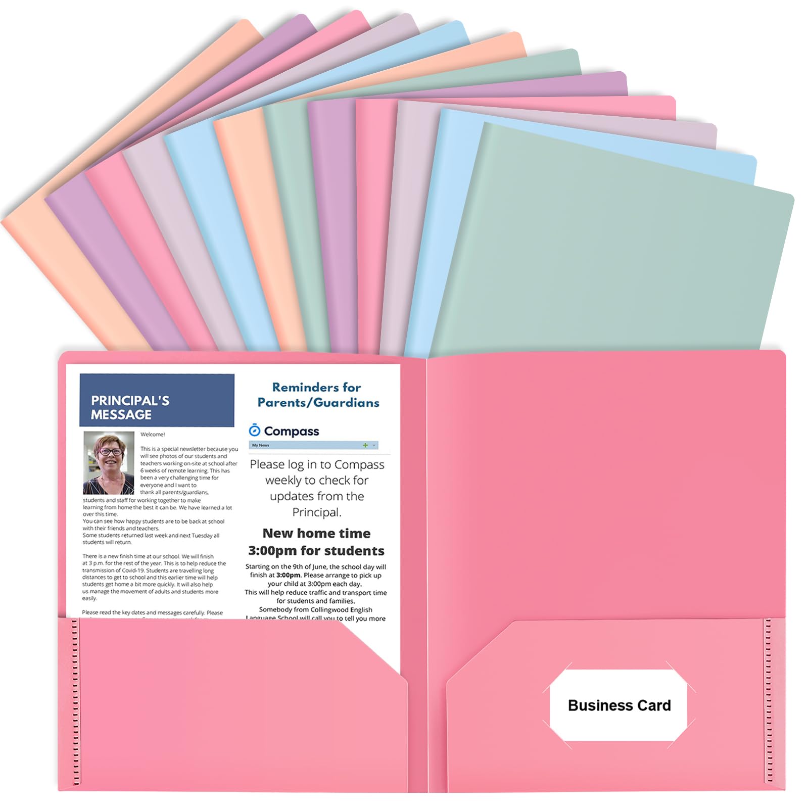 Photo 1 of HABGP 12 Pack Colored File Folders with Pockets and Business Card Holder, Pastel Decorative Pocket Folders for Documents, Cute Plastic Folders for Filing Cabinet, School, Office, Resume Portfolio