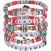 Kvekstio 6Pcs Christmas Beaded Bracelets for Women Teen, Merry Christmas Soft Clay Bracelet Set with Xmas Tree Snowmen Reindeer Charms, Adjustable Red Green White Stackable Holiday Jewelry Gift