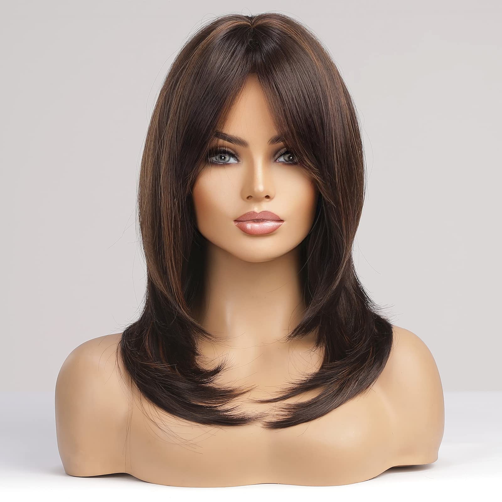 EMMOR Brown with Blonde Highlight Wigs for Women Shoulder-Length Wig with Bangs Synthetic Hair Layered Wigs Heat Resistant Fibre Natural and Realistic
