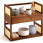 Yalikop Bamboo 2 Tier Matcha Station Organizer Coffee &amp; Tea Station Stand | Countertops Stand Shelf with Hidden Drawer for Whisk Set Bowl Cup Mug, Home Kitchen Bars 15.75" x 7.87" x 15.35" Space Saving