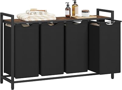 VASAGLE 4-Compartment Laundry Hamper with Shelf 160 L Ink Black Rustic Brown