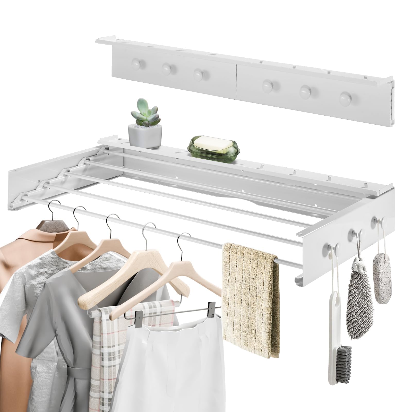 Wall Clothes Drying Rack, Space Saving Wall Mounted Clothes Airer with 6 Hooks, Foldable Clothes Dryer, Easy to Install, 55 lbs Capacity, Retractable Drying Rack for Indoor & Outdoor, 80cm (White)