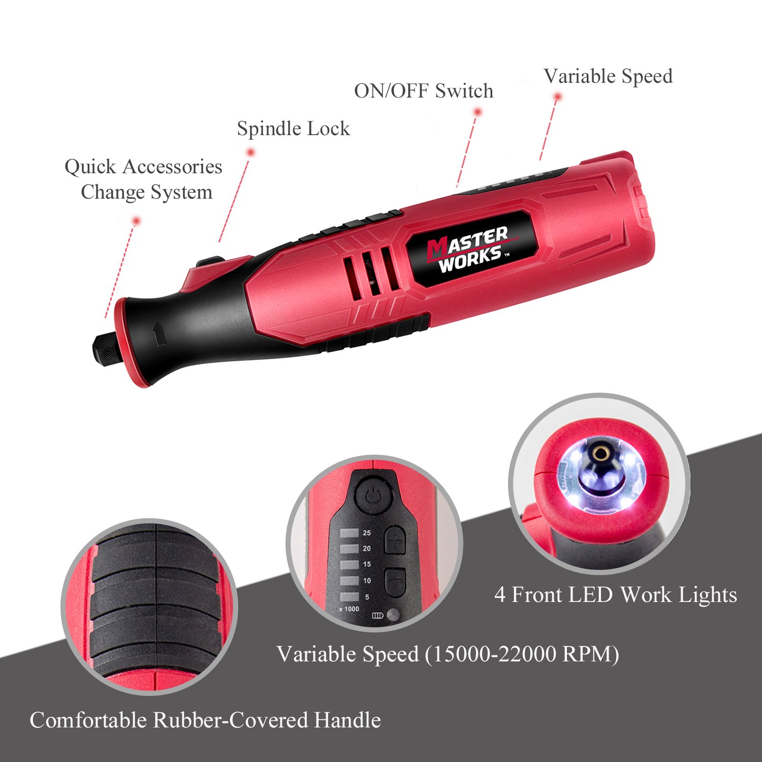 8V Liion Cordless Micro Rotary Tool with 5Speed, 4 Front LED Lights