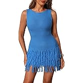 winkbay Women's Fringe Sleeveless Mini Dress Crew Neck Bodycon Knit Party Club Dresses