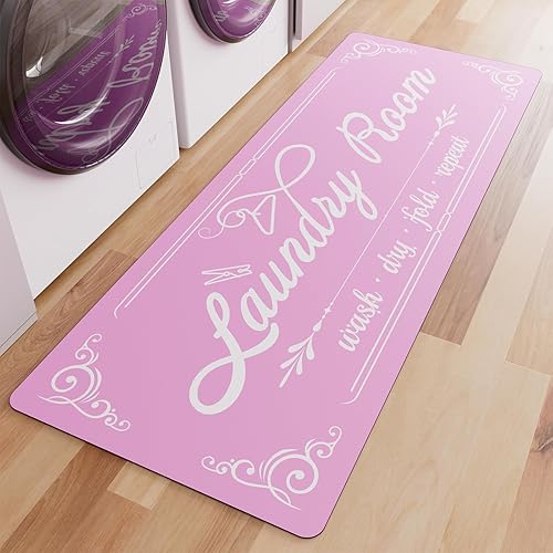 Non-Slip Laundry Room Rug Runner 17.3"x47.2" Washable Pink- Bathroom Mudroom Kitchen Mat for Farmhouse Entryway Decor Accessories