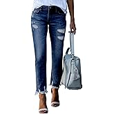 EVALESS Women's High Waisted Tummy Control Straight Ankle Ripped Jeans