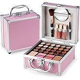 Color Nymph Beginner Makeup Kit For Teens With The Small Cosmetic Train Case Included 24-Colors Eyeshadow Palette Blushes Bronzer Highlighter Lipstick Brushes Mirror(Pink)